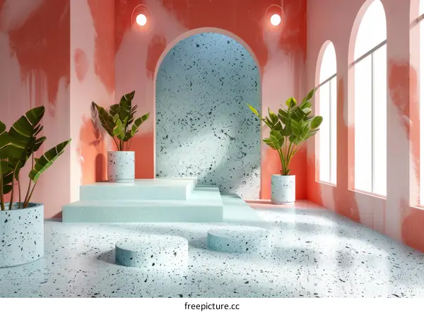 Blue and pink podium and archway in a room with two windows