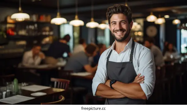 Portrait of a happy male waiter standing in a restaurant with arms crossed