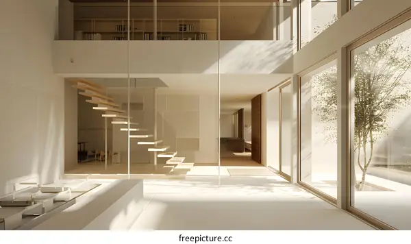 Modern Minimalist House Interior Design With White Walls And Wooden Stairs