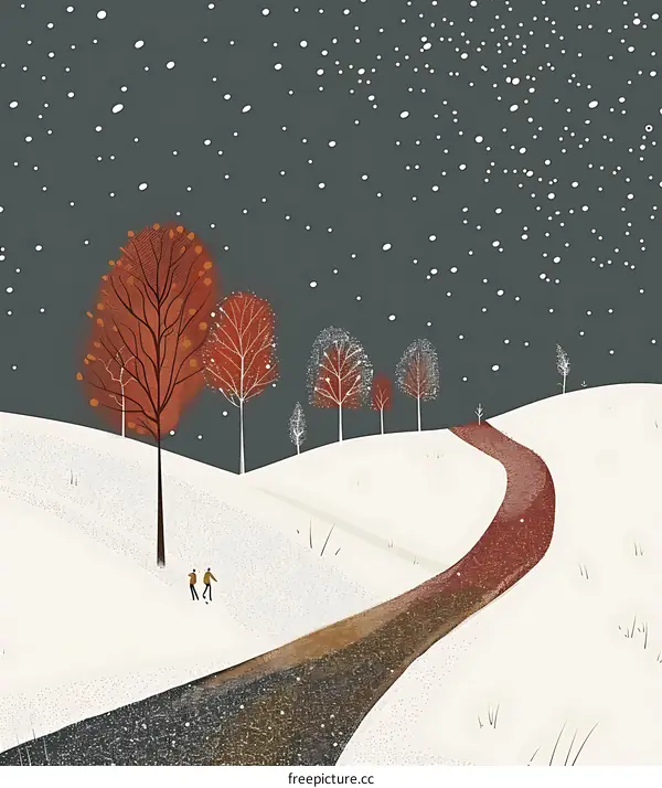 Snowy Winter Landscape with Two People Walking