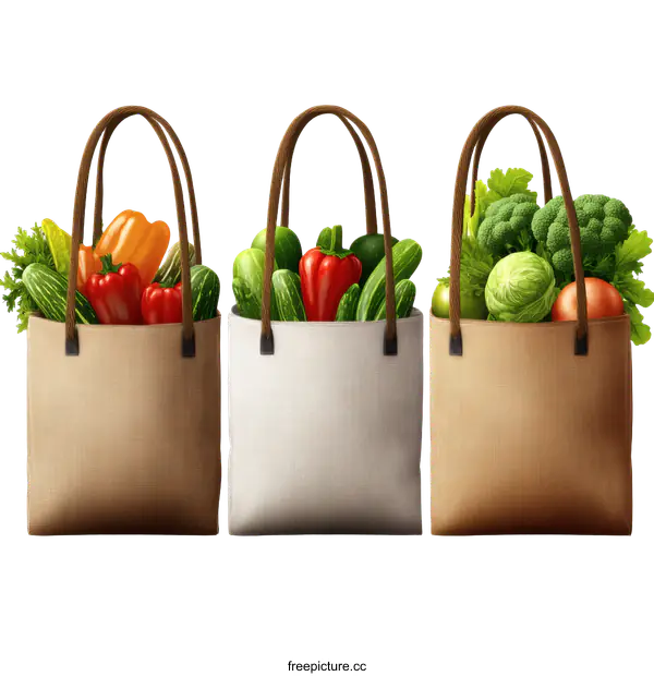 [Transparent Background PNG]Colorful Shopping Bags Filled with Fresh Produce
