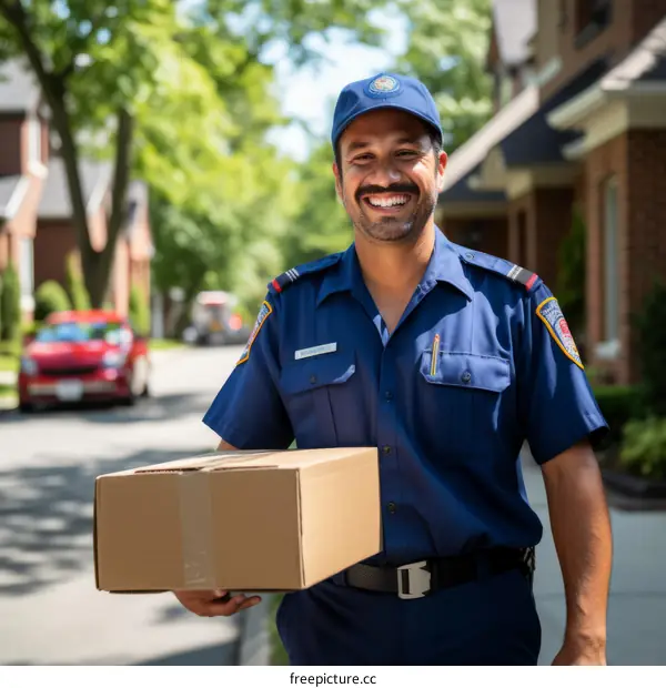 Smiling delivery man in uniform holding a cardboard box