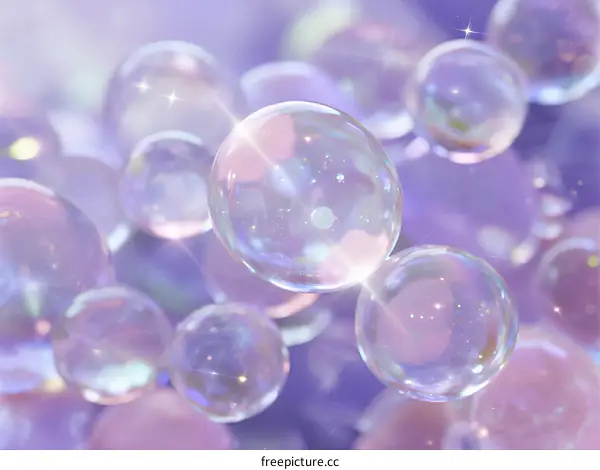 Colorful Bubbles Floating in Soft Purple Background with Light Reflections