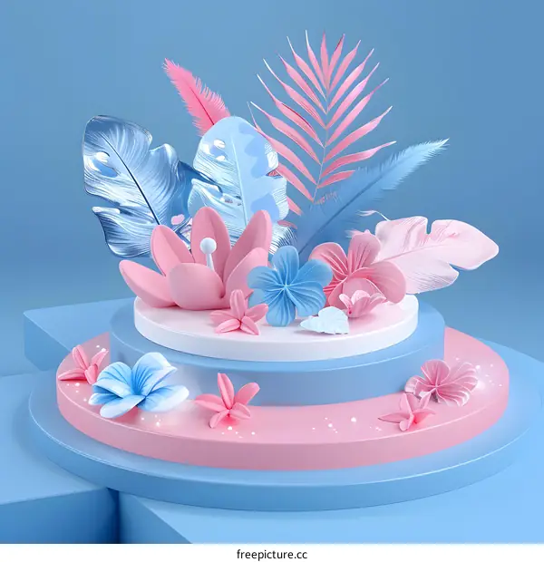 3D Rendered Tropical Flowers and Leaves on a Blue and Pink Platform