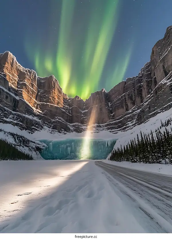 Frozen Lake and Northern Lights with Mountain Range in Winter