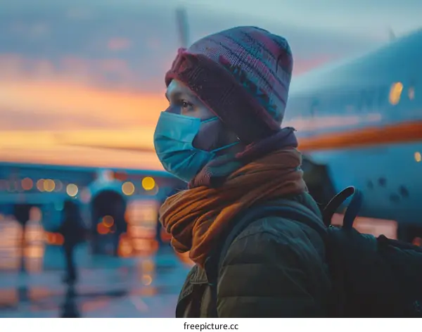 woman wearing mask at airport during sunset