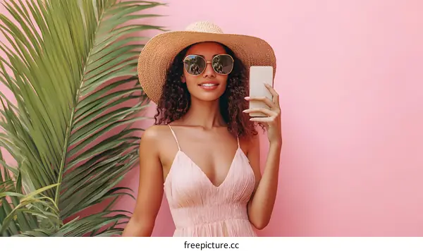 Woman in a Straw Hat Taking a Selfie in Front of a Pink Wall