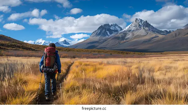 Man hiking alone in a vast field with snow-capped mountains in the distance