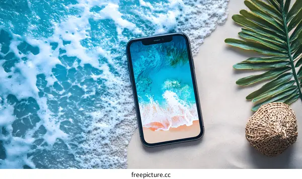 Phone on the Beach with Ocean Waves and Palm Leaf