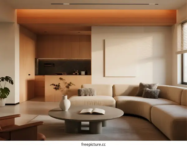 Warm Modern Living Room with Curved Sofa and Natural Light