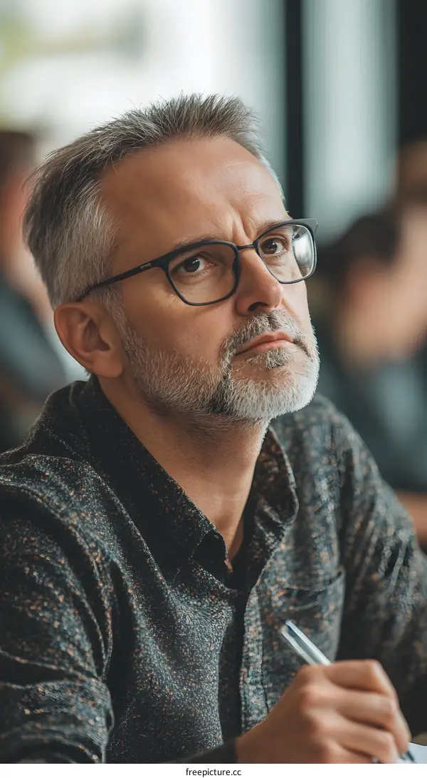 Portrait of a Caucasian Man in Glasses Writing in a Notebook