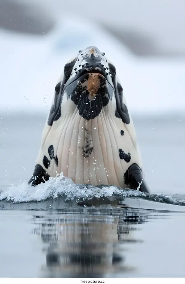 A close-up of a black and white whale