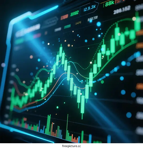 Financial Market Data Visualization with Green Stock Trends and Digital Interface