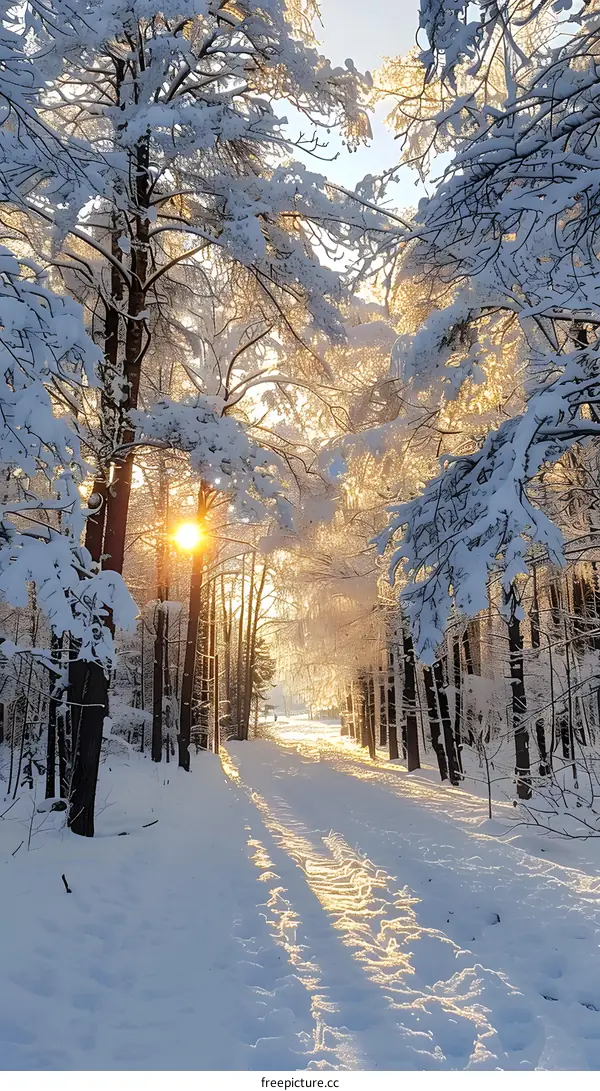 Snowy Forest Path With Sunset