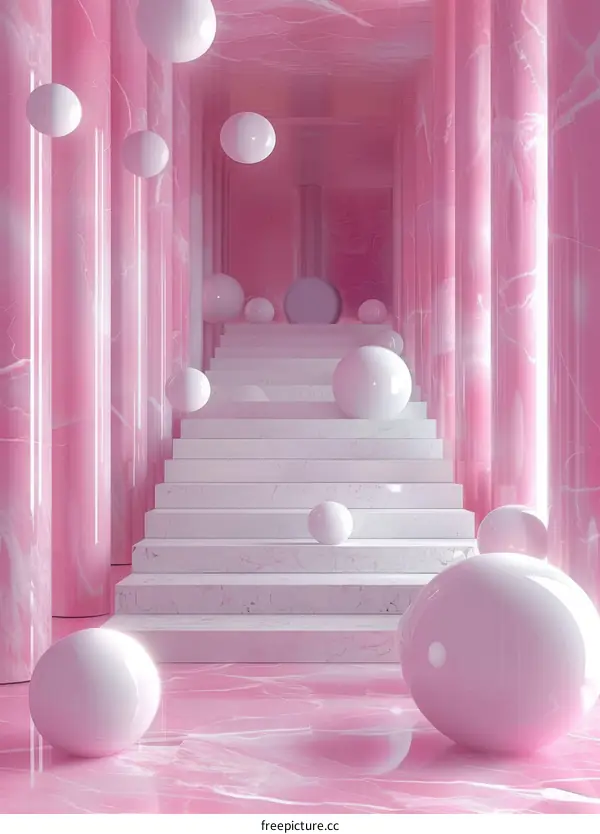 Pink Marble Staircase with Floating Spheres