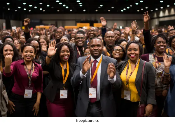 A group of African American professionals are standing together and smiling.