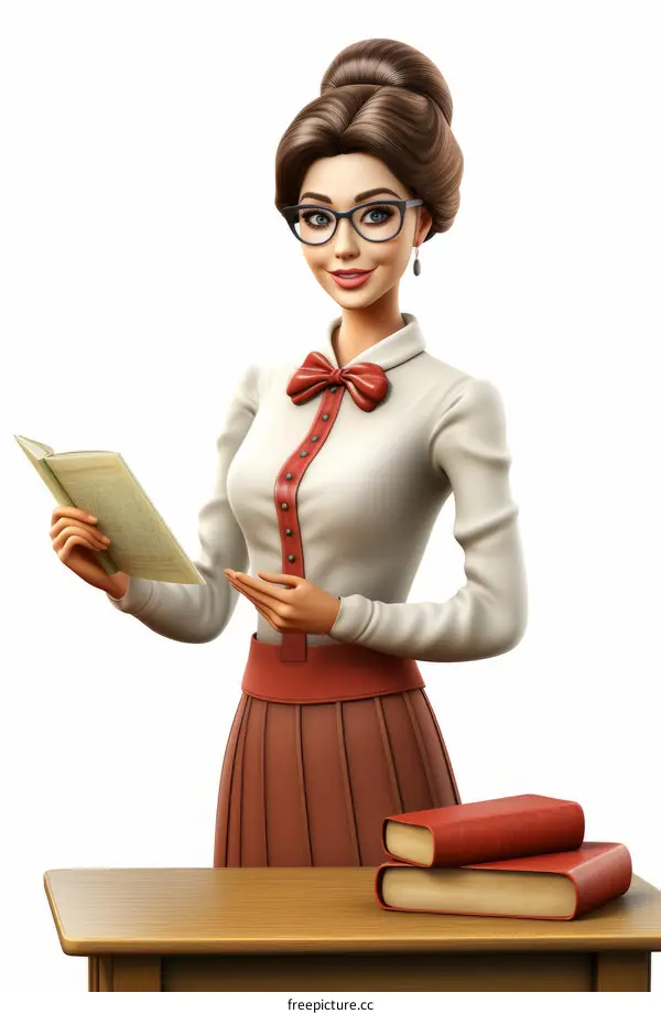 Illustration of a female teacher by a desk full of books