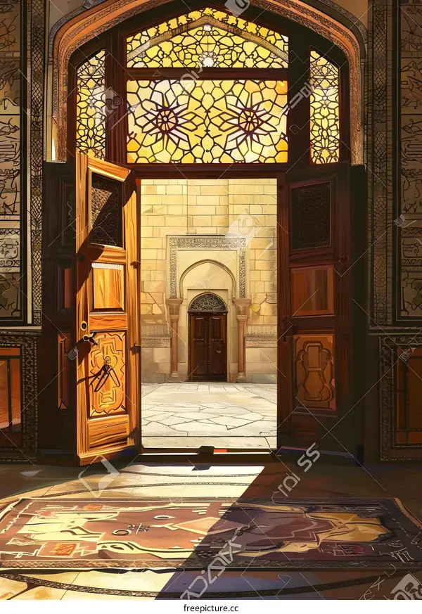 Open Doorway with Stained Glass Window Leading to an Interior Courtyard
