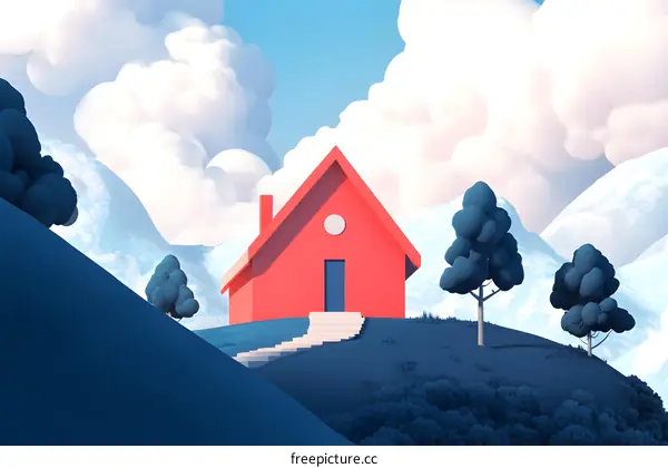 Red House on a Hilltop With Clouds in the Background