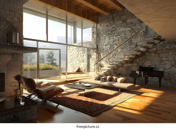 Modern Minimalist Living Room With Stone Wall and Large Windows