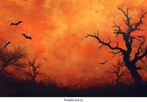 Bats flying in a spooky orange sky