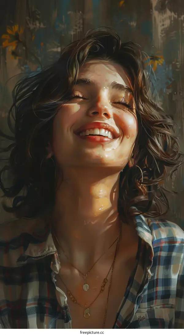 Joyful Portrait of a Young Woman with Closed Eyes