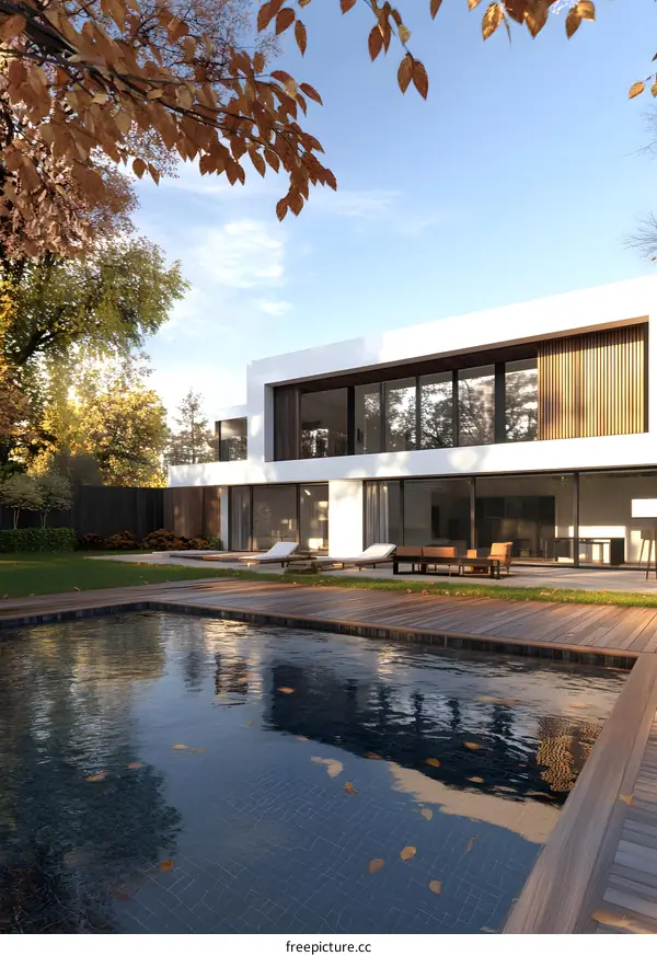 Modern House with Swimming Pool and Autumn Leaves