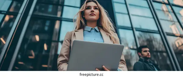 Young Businesswoman Holding Laptop Looking Up at Modern Office Building