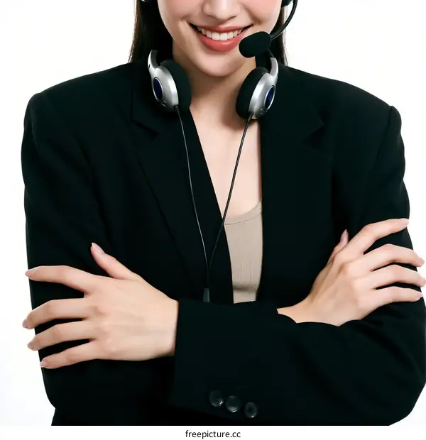 Professional woman wearing headset with crossed arms