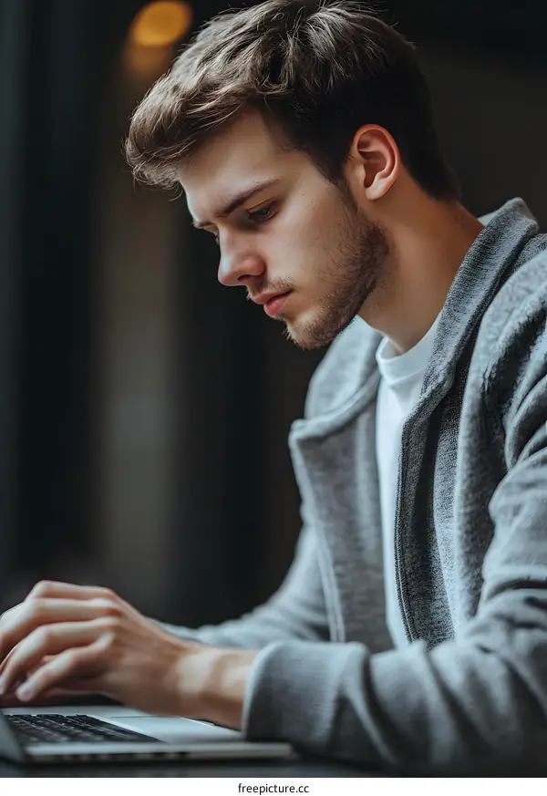 Young Man Working on Laptop in Cafe