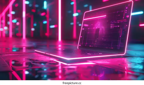 Laptop in a futuristic setting with glowing lights