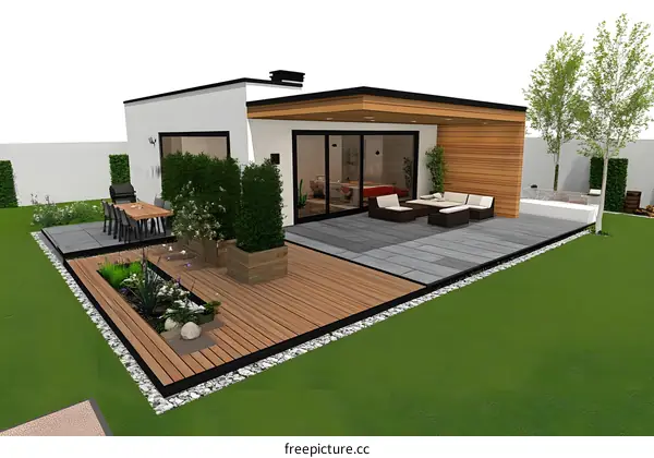 Modern House with Wooden Deck and Backyard Garden