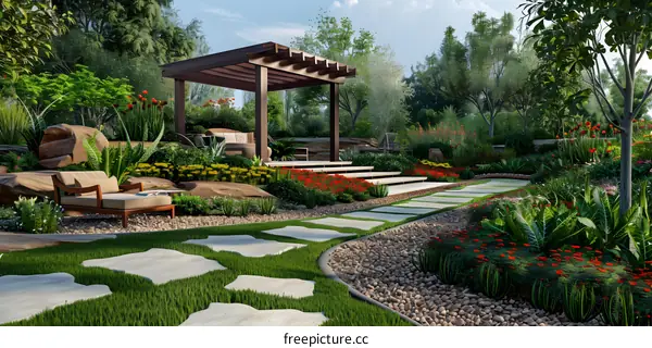 A beautiful garden with a pergola, stone path and flowers