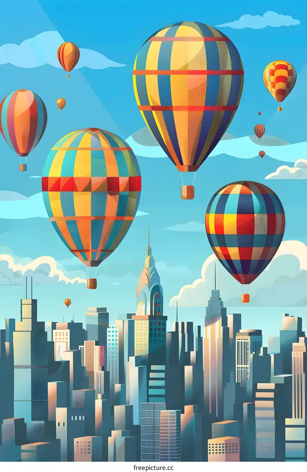 Hot Air Balloons Over City Skyline