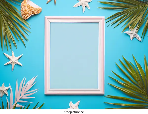 Summer Frame with Tropical Leaves and Seashells