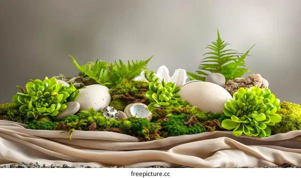Green Moss and Stones with White Flowers on Beige Fabric
