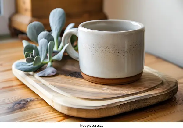 Ceramic Mug with Succulent Plant on Wooden Cutting Board