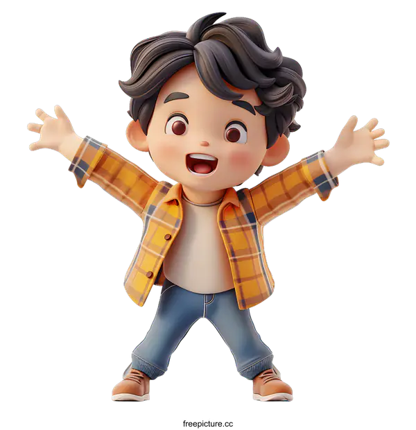 [Transparent Background PNG]Smiling Boy Character in Plaid Shirt and Jeans