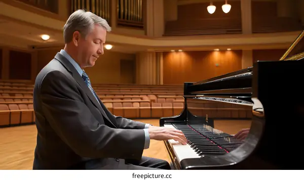 Man in Suit Playing Piano in Concert Hall