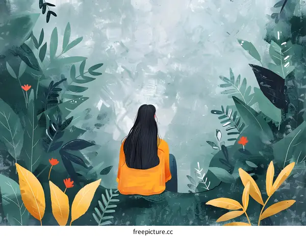 girl sitting back to the leaves