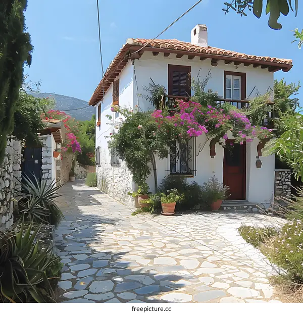 A beautiful stone house with a flower-filled courtyard