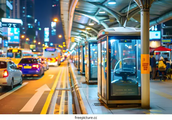 Night View of a Bus Stop with Passengers and a Row of Bus Shelters
