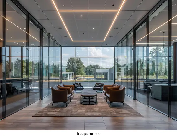 Modern office interior with glass walls and leather chairs