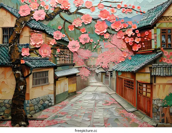 Japanese street with cherry blossoms