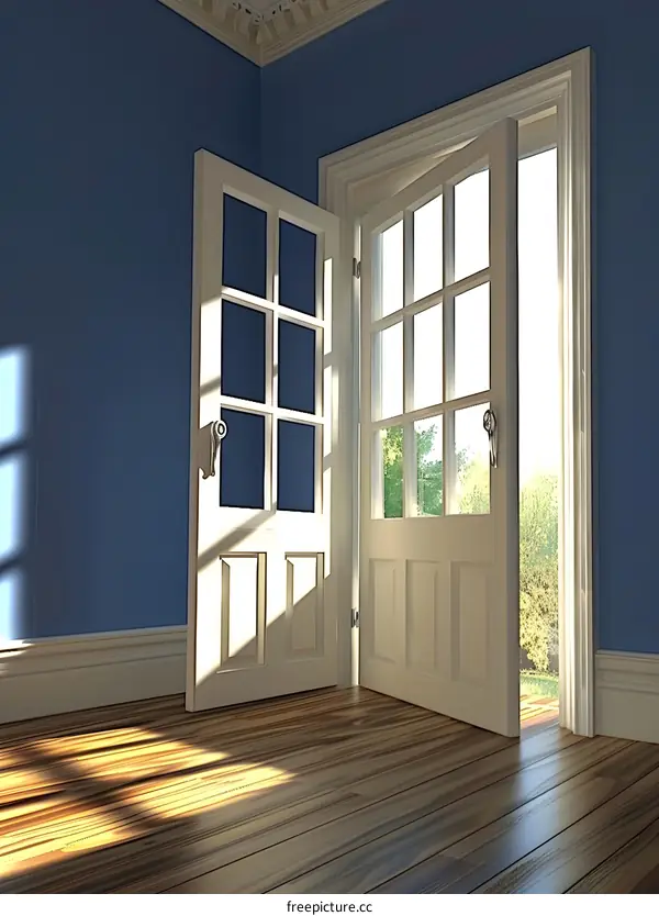 Open White Door with Sunlight Streaming Through