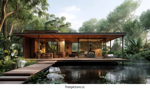 A modern house in the middle of a pond surrounded by trees and plants