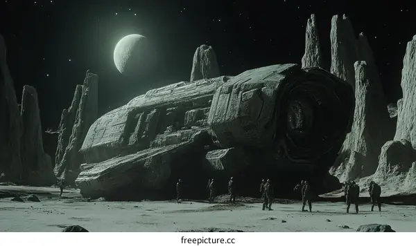 Abandoned Spaceship on Alien Moon at Night