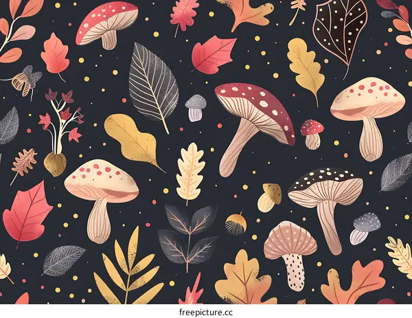 Autumn Seamless Pattern with Mushrooms and Leaves