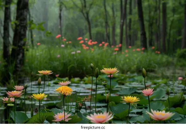 A Pond of Yellow and Pink Water Lilies in a Forest