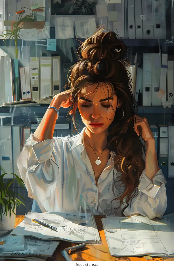 A thoughtful girl wearing a white shirt is sitting at a desk surrounded by books and papers